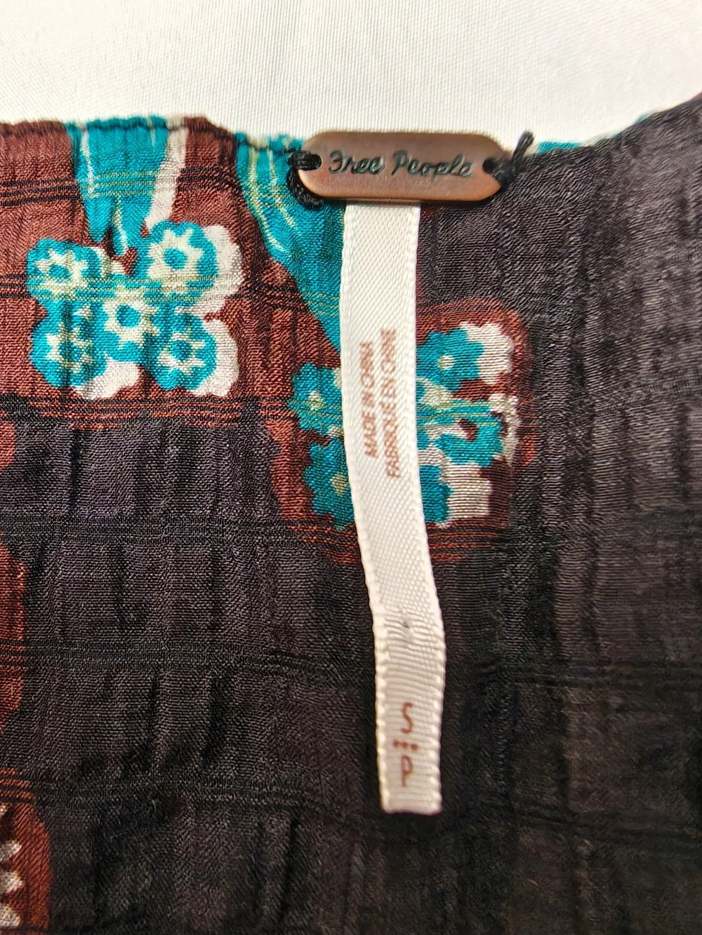Free People Floral Crinkle Tie Front Blouse Small Brown Turquoise Boho Top
